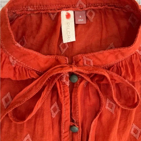 PILCRO Anthropologie Embroidered Tunic Top Rust Orange - Picture 4 of 9